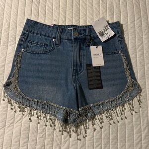 Forever 21 festival Coachella glitter jeweled tassel denim cutoff shorts size 24